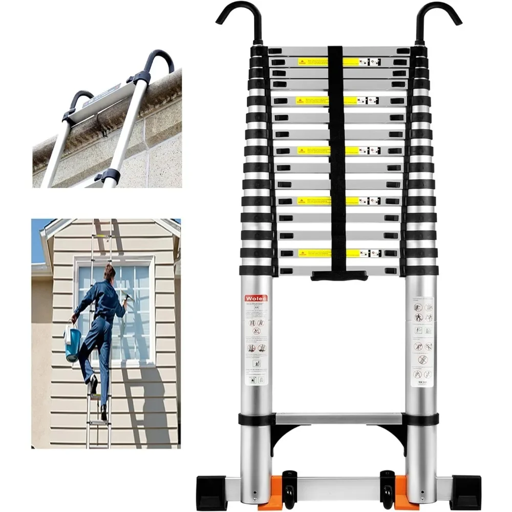 

Telescopic Ladder, Upgraded Anti Pinch Strap with 2 Triangular Stabilizers, Multi-purpose Folding Ladder, with Portable Wheels