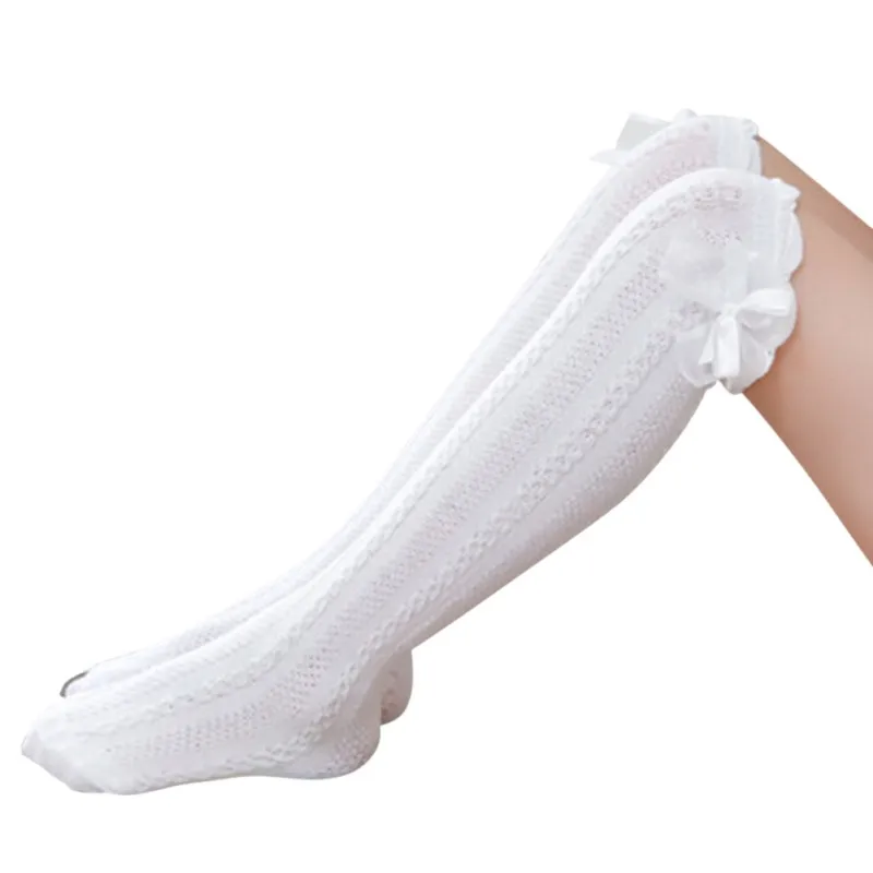 여아용 무릎 높이 양말, 긴 활 중간 종아리 양말, 부드러운 코튼 프릴 레이스 양말, 어린이 교복 양말, 다리 워머