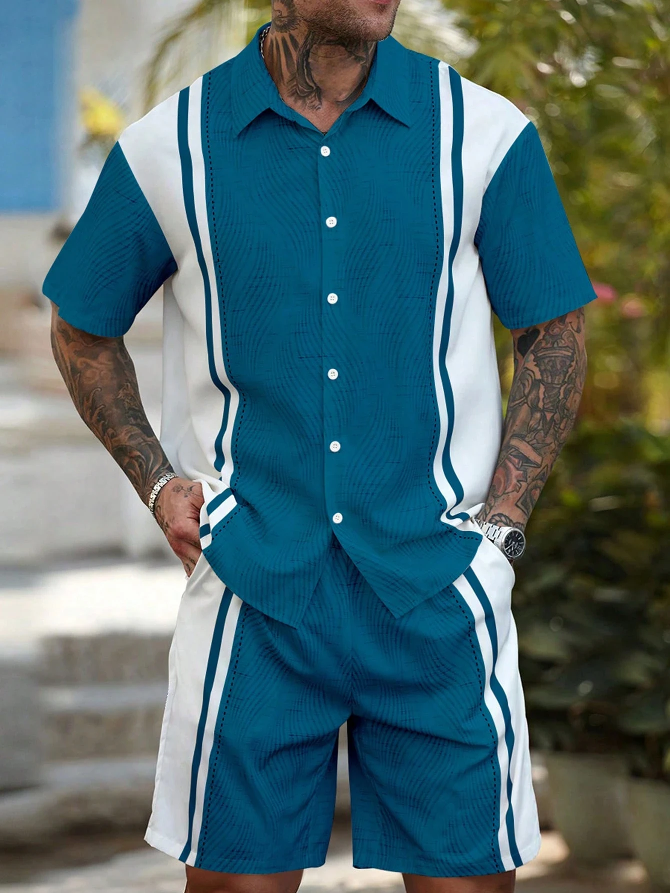 هاواي بسيط شريط طباعة قميص رجالي والسراويل قطعتين...