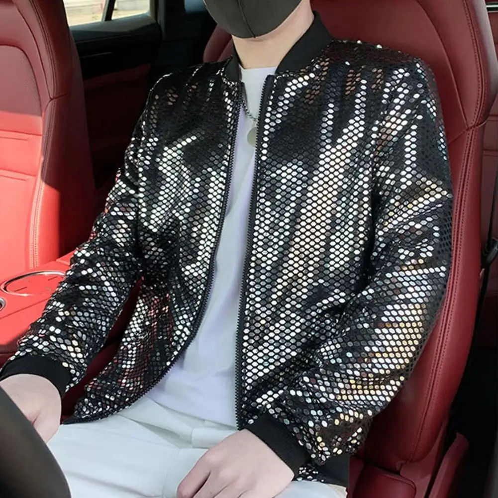 Men Coat Fashionable Baseball Uniform Style Sequined Jacket Stand Collar Thin Coat For Club Stage Streetwear