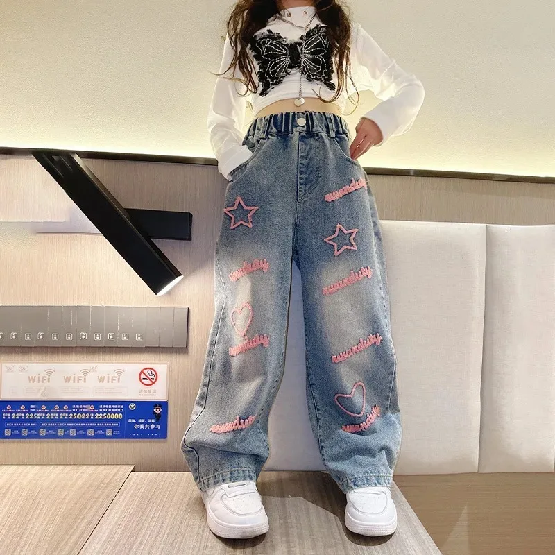 Girls' Wide-Leg Jeans with Heart & Star Design 4