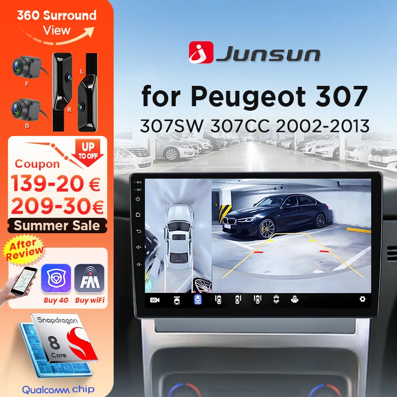 Junsun 360 °   Cámara panorámica Radio de coche de 8 núcleos para Peugeot 307 307CC 307SW 2002-2013 inalámbrico CarPlay Android Auto GPS Navi 2 din 1