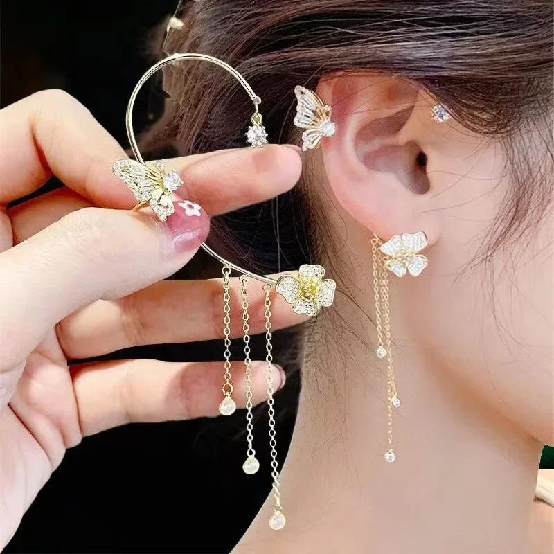 Sa3cac7b2a27c413aaefb66fec231e02cL Shiny Zircon Butterfly Ear Cuff Gold Color Tassel Clip on Earrings for Women Korea Style Copper Earring Without Piercing Jewelry Mallzona