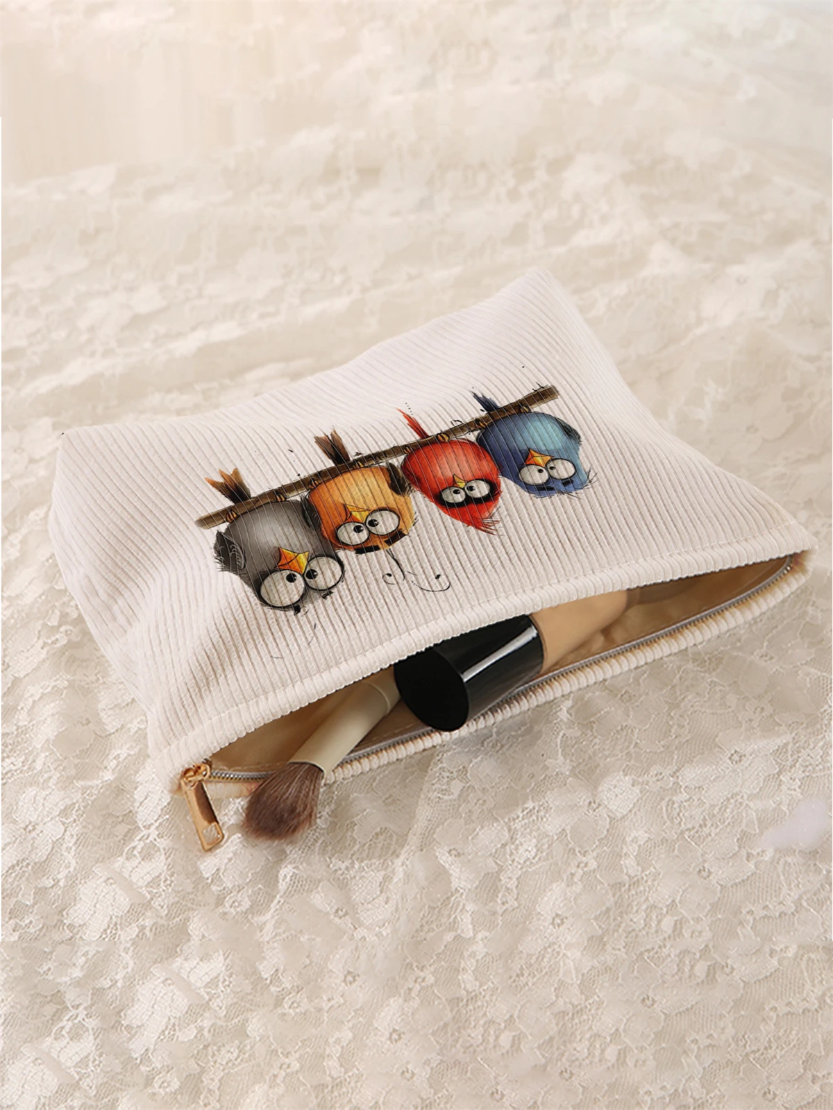 1 bird patterned corduroy makeup bag, lightweight zipper makeup storage box, multifunctional bag with lining