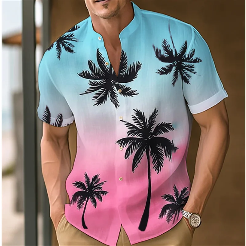 Fashion Men's Shirt Gradient Coconut Tree Print Stand Collar Blue Pink Blue Outdoor Street Short Sleeve Clothing Designer Casual