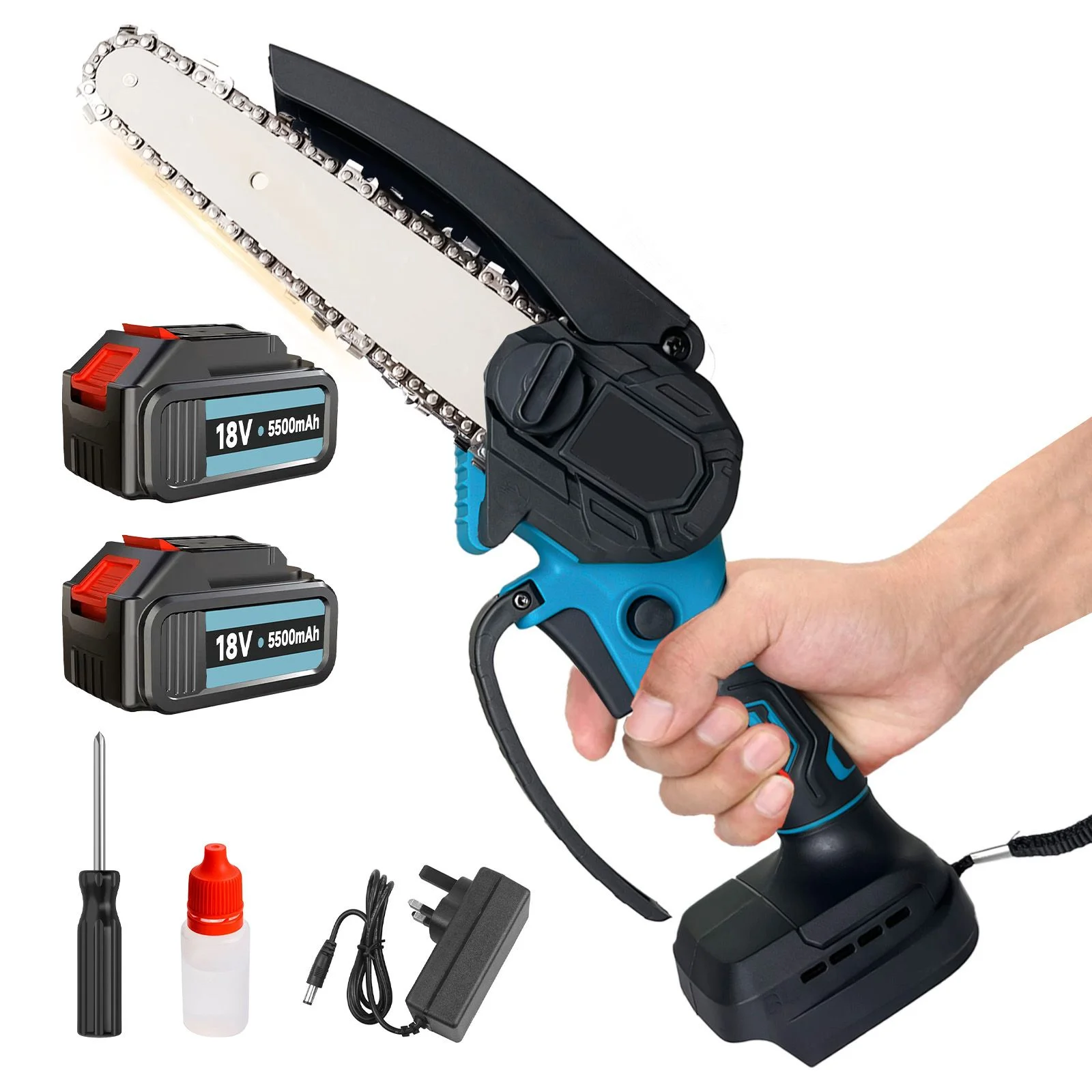 Mini cordless chainsaw displayed on a clean background