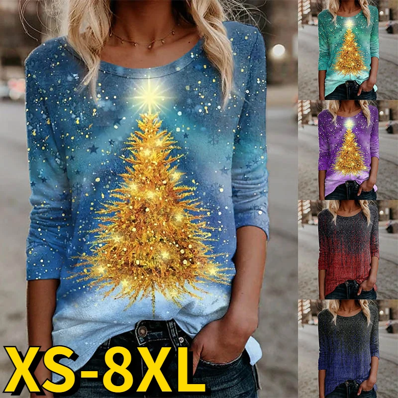 

2022 Ladies Vintage Long Sleeve Autumn Winter Christmas Trees Print Tee Shirt Women's Round Neck Tops Christmas Casual Pullover
