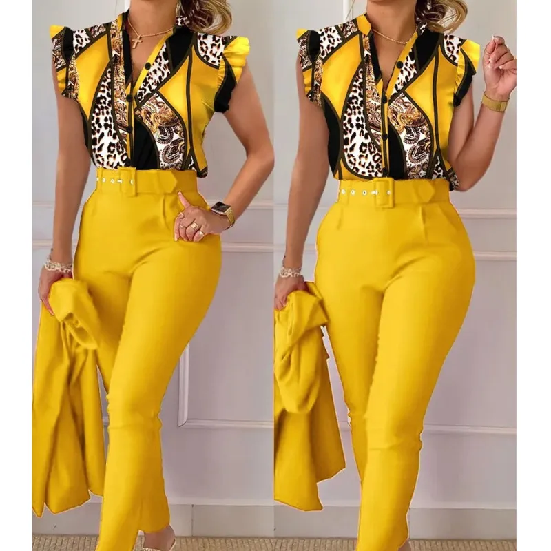 

Fashion Summer Print Pant Sets Women 2023 Elegant 2 Piece Sets Office Lady Ruffle Sleeve Top Solid Casual Long Pants Outifits