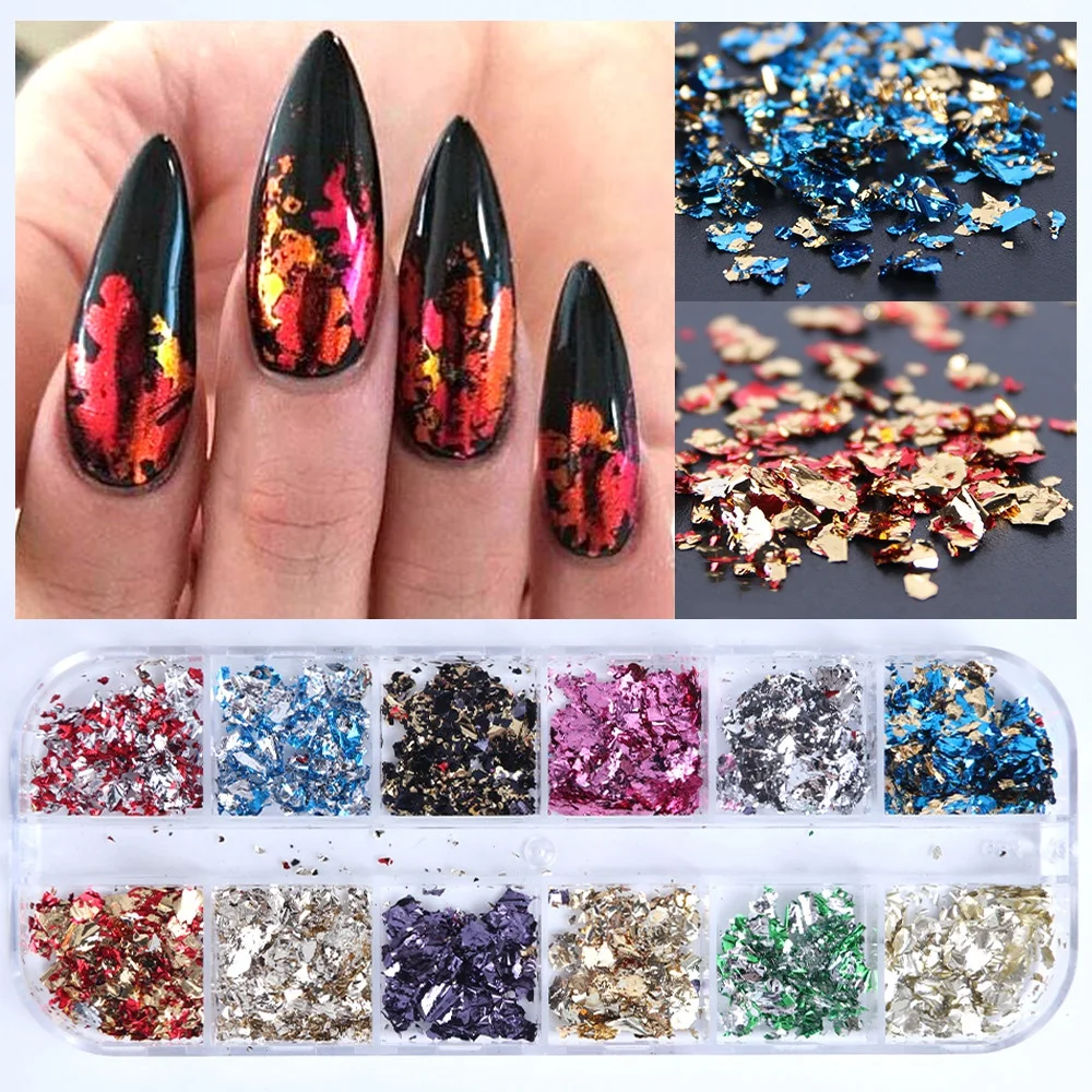 12 Color Foils Gorgeous Nails Glitter Aluminum Flakes Chip
