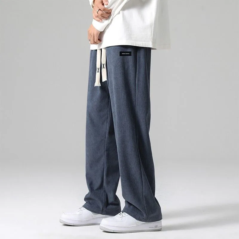 2023 New Spring and Autumn Fashion Casual Versatile Corduroy Solid Color Wide Leg 9/4 Loose and High Draping Men Sports Pants
