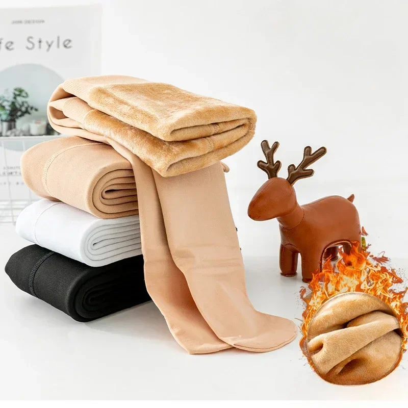Kids Girls Skin Colour Leggings Elastic Thicken Plush Warm Cold-Proof Tights Children Autumn Winter Soild Dance Socks