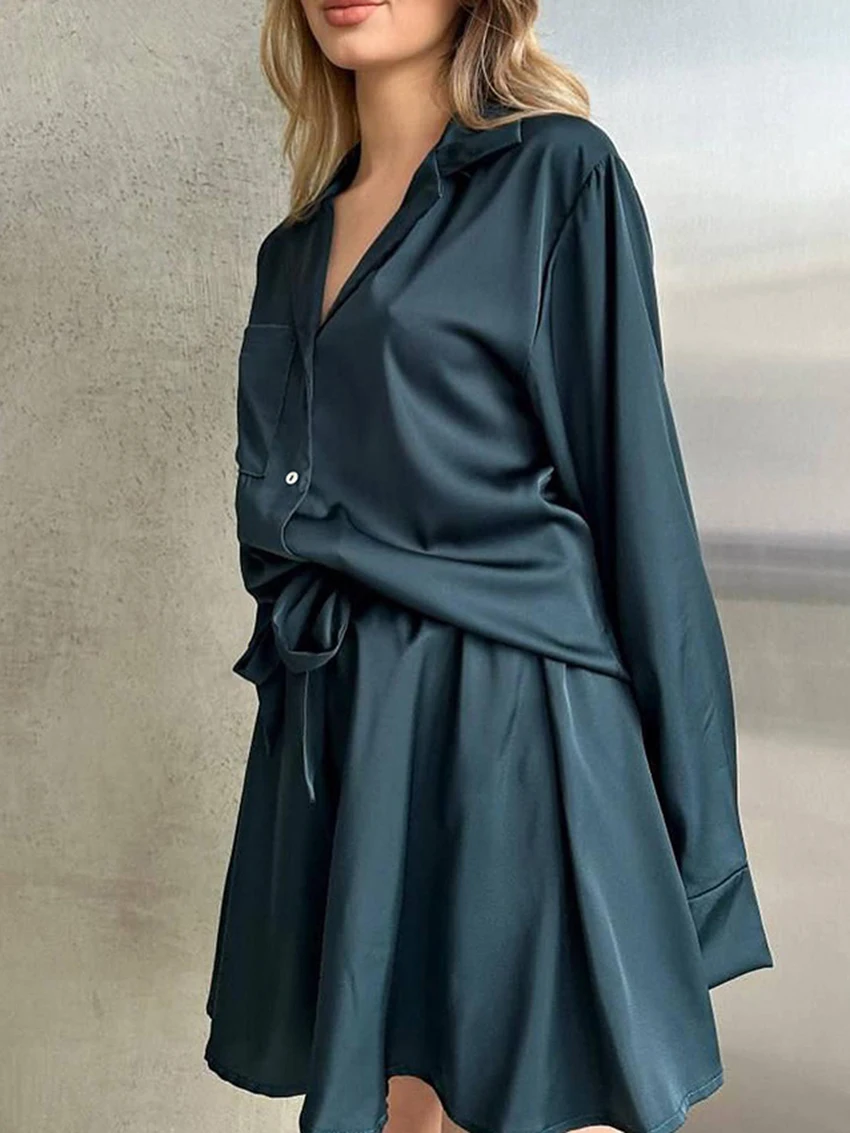 Marthaqiqi Casual Women'S Pajamas 2 Piece Suit Turn-Down Collar Sleepwear Long Sleeve Nightgowns Shorts Loose Ladies Nightie Set