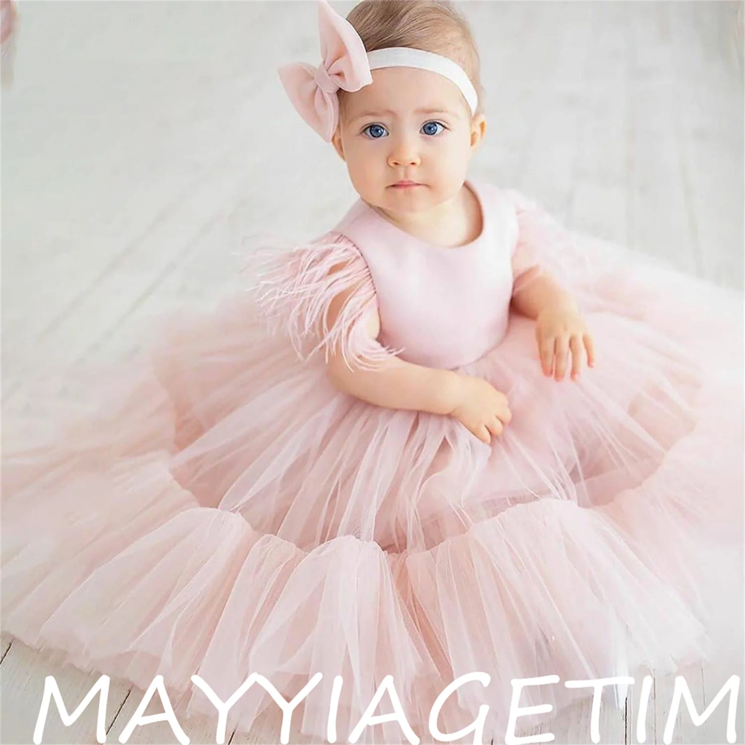 

Pink Baby First Communion Dress Pleat Rufflers Puffy Cute Little Girl Birthday Party Gown Lovely Flower Girl Dress