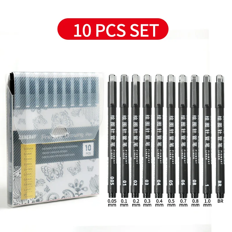 10Pcs/set Waterproof Ink Black Micron Neelde Drawing Pen Pigment