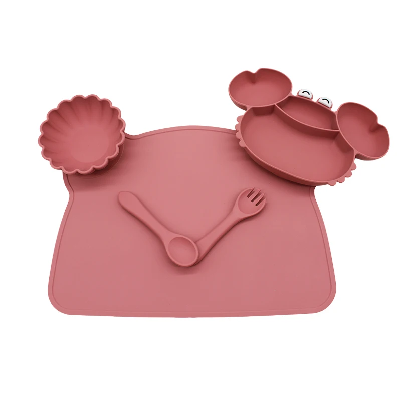 Crab compartment plate children's tableware set with meal bib eating training bowl soft silicone baby autonomous 2