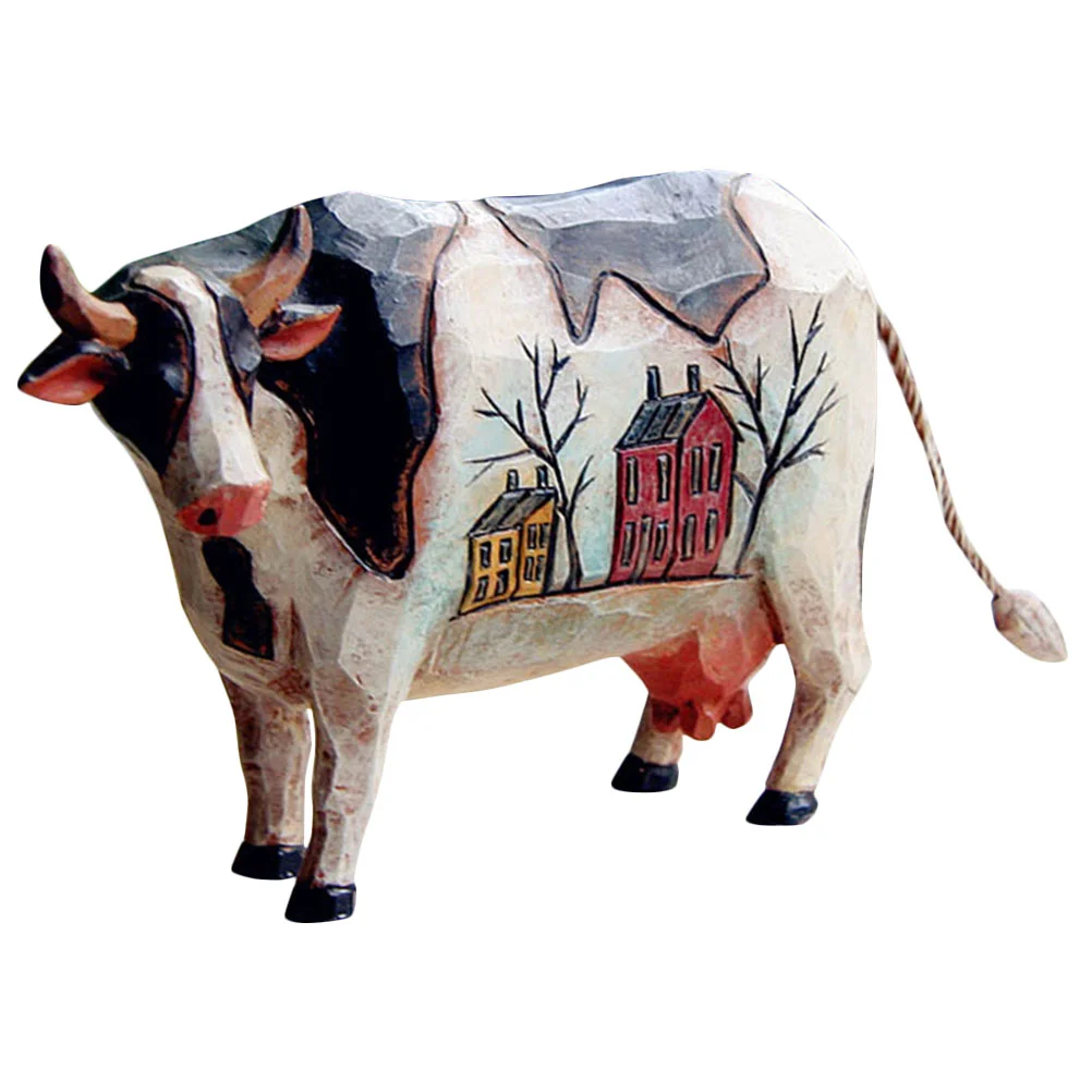 

Artificial Wood Cow Home Decor Desk Ornament Farmhouse Sculpture Resin Small Figurines Desktop Model Tabletop Office