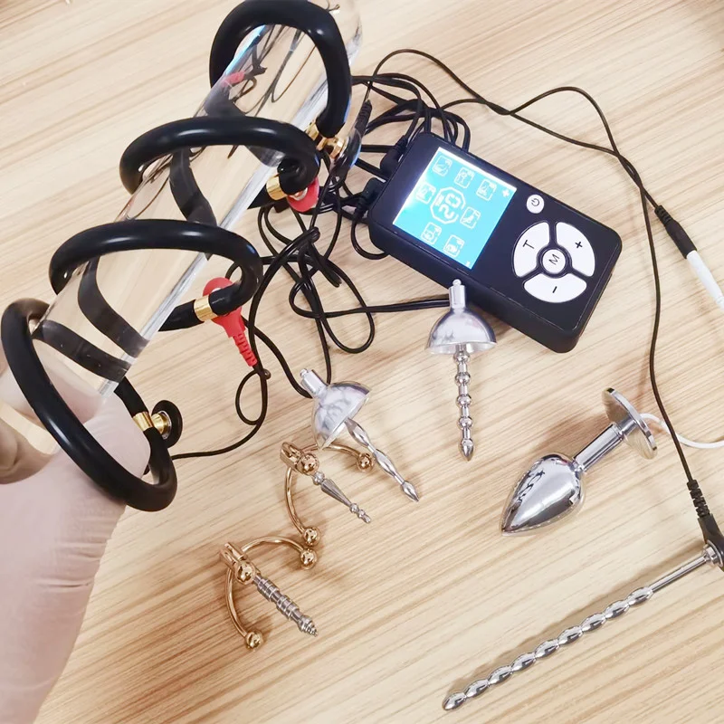1 Set 8 Modes Electric Shock Silicone Cock Rings Metal Penis Plug Horse Eye Stick Urethral Sounding Adult Games Sex Toys for Men