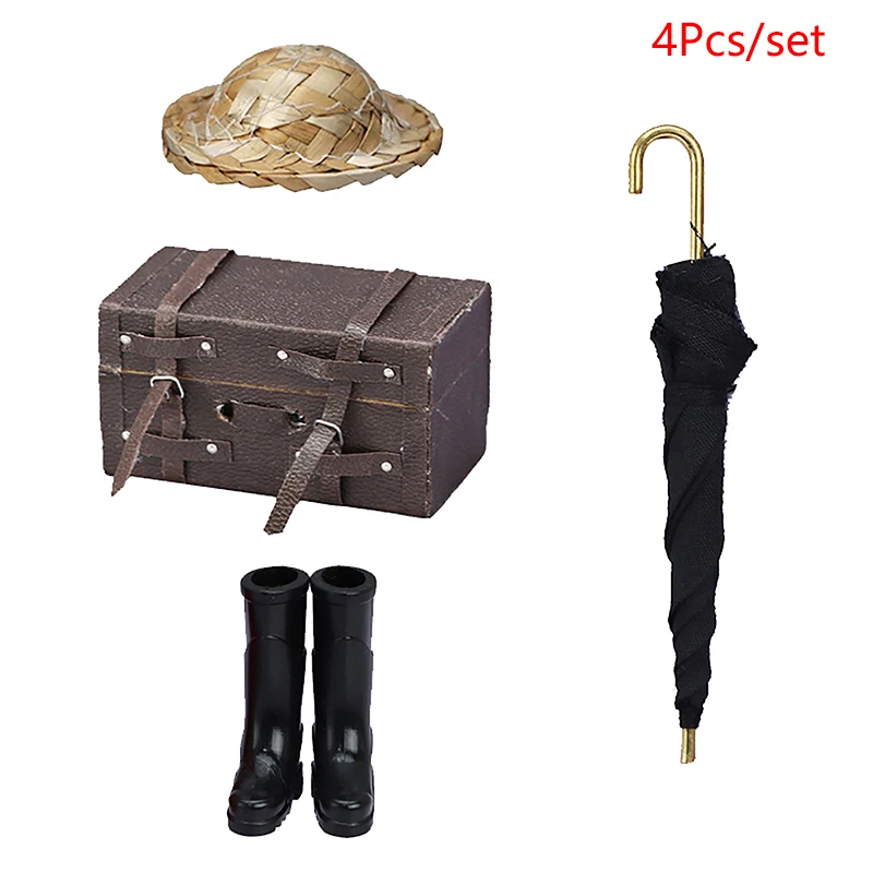 

1 комплект 1:1 миниатюрный резиновый чемодан для кукольного домика, зонтик, соломенная шляпа, туфли от дождя, декоративная игрушка, аксессуары для кукольного домика