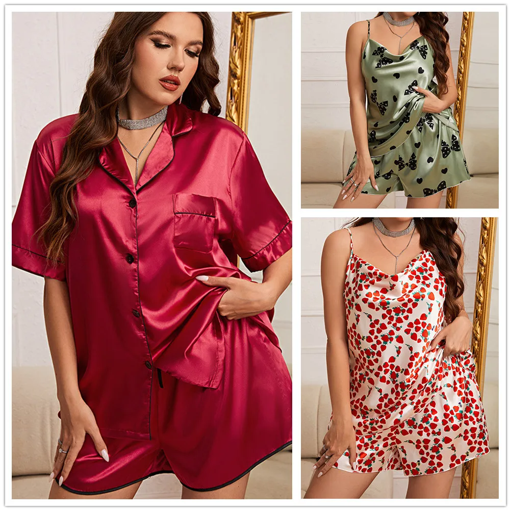 

5XL Womens Silk Satin Pajamas Set Short Sleeve Two-piece Pj Sets Sleepwear Loungewear Button-Down Pus Size
