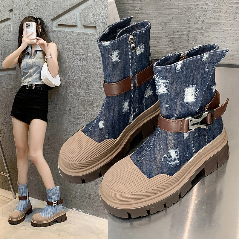 Blue Denim Women's Boots 2023 Korean Fashion Round Toe Ladies Short Barrel Boots Simple Versatile Casual Boots Zapatos De Mujer
