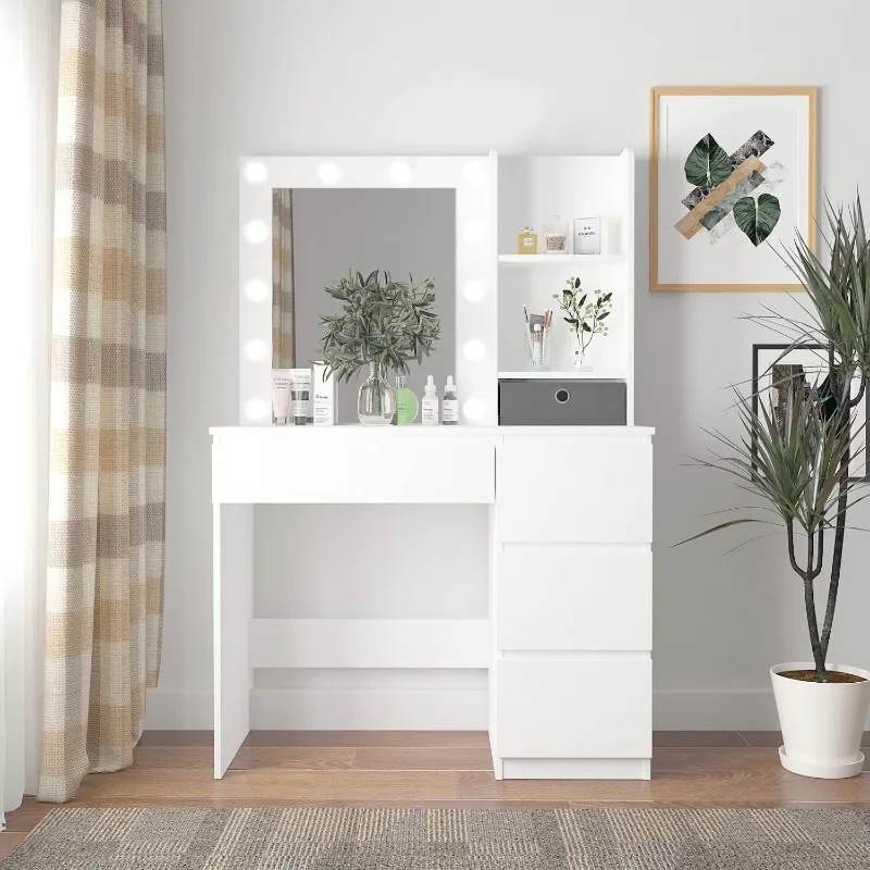 Makeup Vanity with Lights, 37inch Vanity Desk, 4 Large Drawers Dresser with Lighted Mirror
