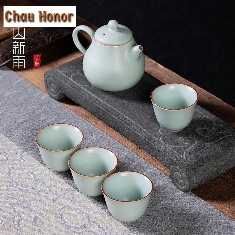 Handmade Ru Kiln Porcelain Pear Shape Tea Set Complete Set Creative Tea Ceremony Set Teapot and Tea Cup Set Tableware Decoration