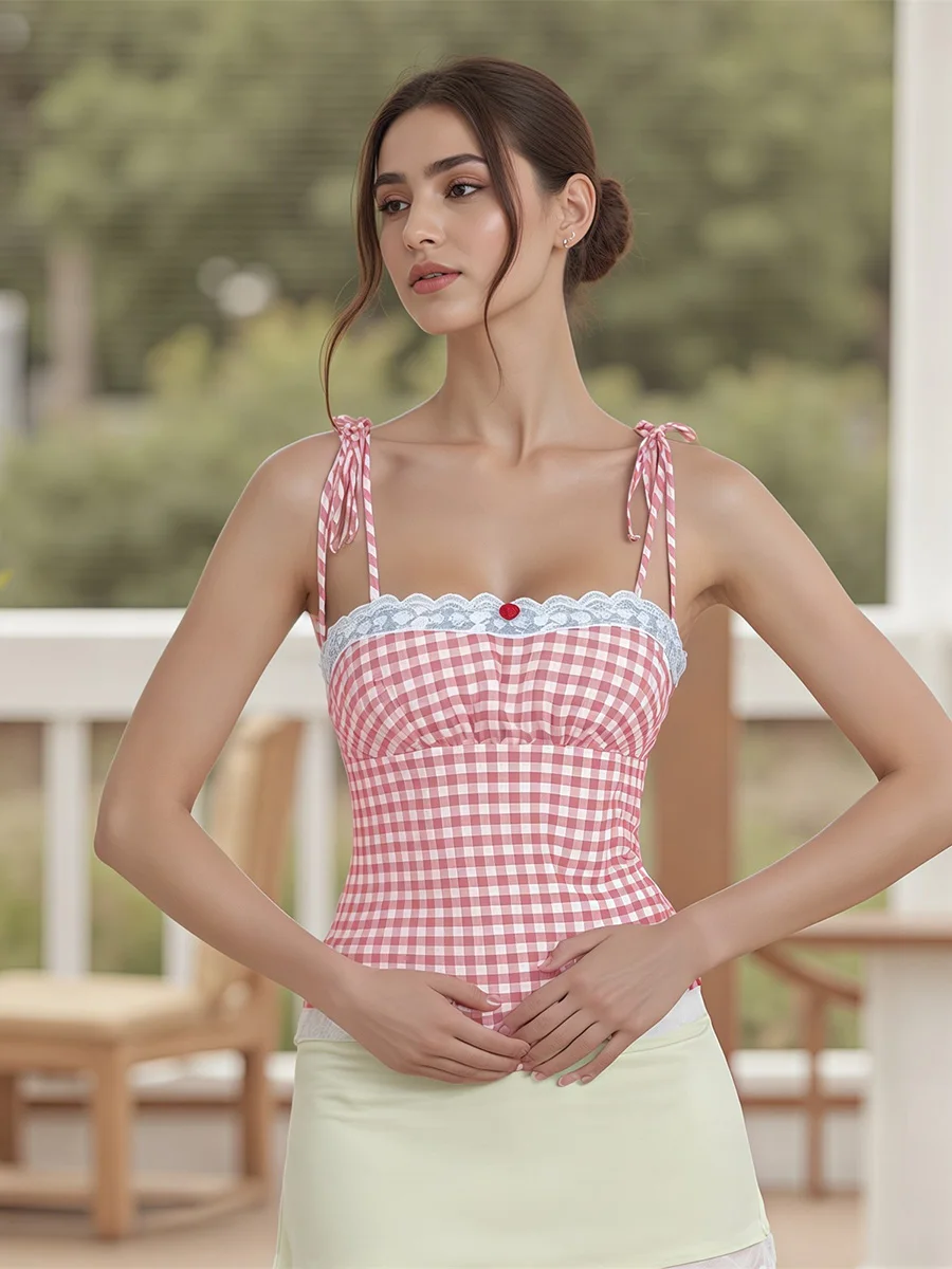 Women s Sleeveless Plaid Print Cami Tank Top with Lace Trim and  Fit Design for a Stylish Look