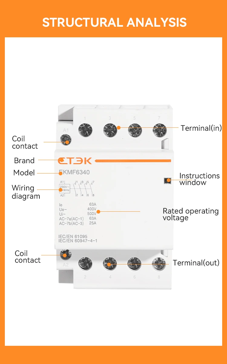 Description Picture 4 of itemETEK Three Phase AC Type 4pole 220V 50Hz Din Rail Household 25A 40A 63A Modular Contactor Switch Controller EKMF