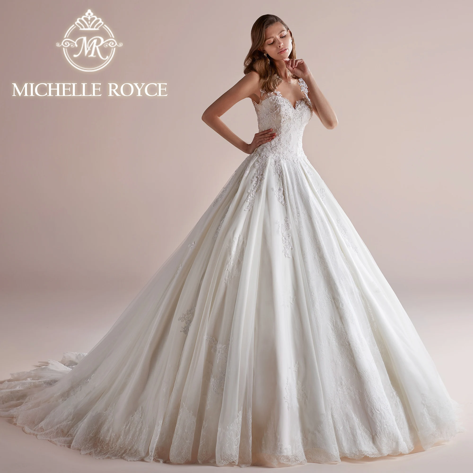 

Женское свадебное платье Мишель Royce, Белое Бальное Платье с невидимым вырезом и вышивкой, свадебное платье с драпировкой, лето 2019