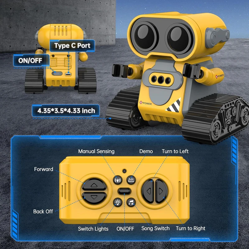 Robot télécommandé multifonction avec lumières LED et capteur, rechargeable, en mouvement avec des effets lumineux.