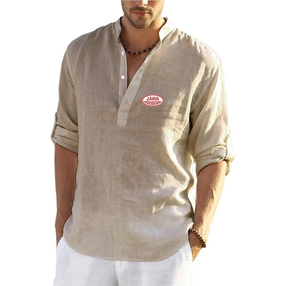 Summer Mens Cotton Linen Breathable Long Sleeved Motorcycle Logo Shirts