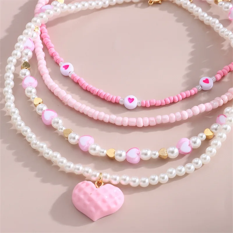 Jewelry Set Pink Love Butterfly Pendant Imitation Pearl Rice Beads Handmade Beaded Children Chain Necklace Good Friend Gift
