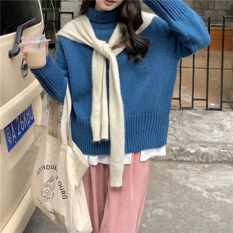 pink sweater HziriP Soft Loose Knitted Sweaters Women 2021 New Autumn Winter Solid Turtleneck Pullovers Warm Basic Knitwear Jumper 8 Colors red cardigan Sweaters