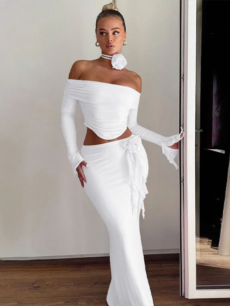 Flower Bodycon Skirt Sets Women Slim Sexy Backless Lace Up Tops Women's Party Elegant Dress 2 Piece Womens Suits Outfits