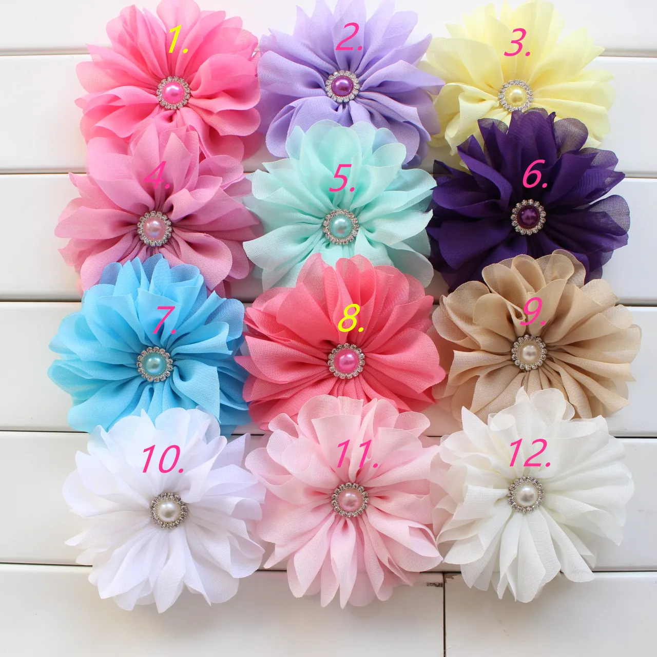 9 cm Kinder Mädchen Haarblume Ballerina Blumen mit Perle Strass Mitte Chiffon Stoff Haarschmuck – Detail 8