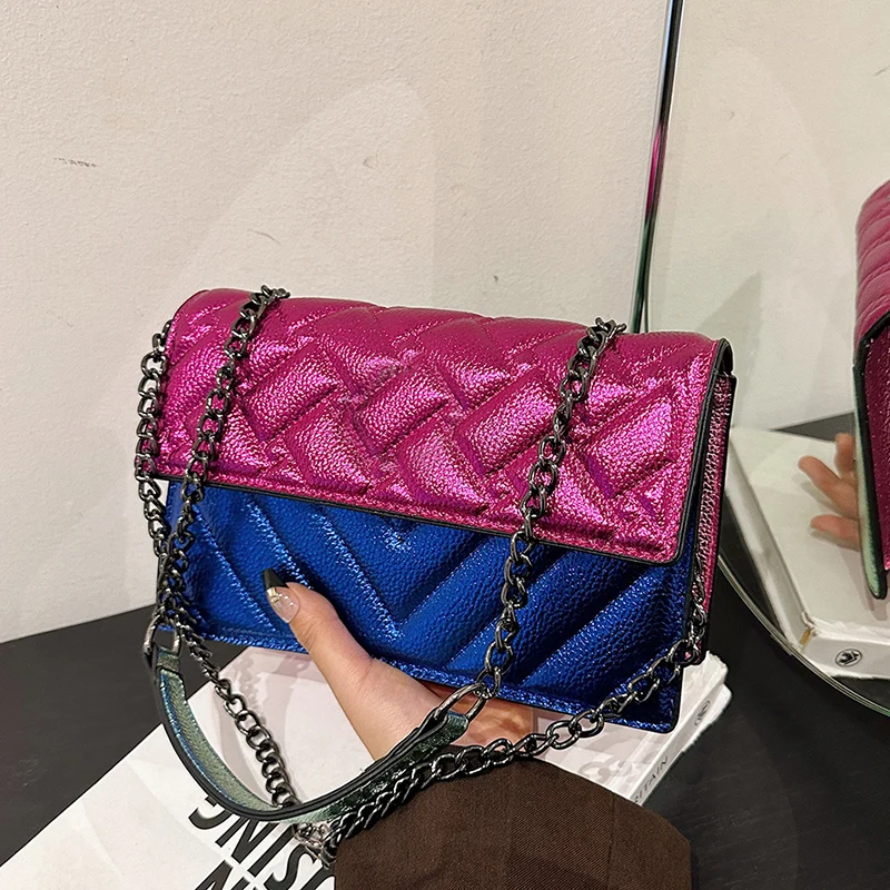 Women's K-G Colorful Splicing Chain Bag Fashionable And Versatile Grid Embroidery Bag Single Shoulder Crossbody