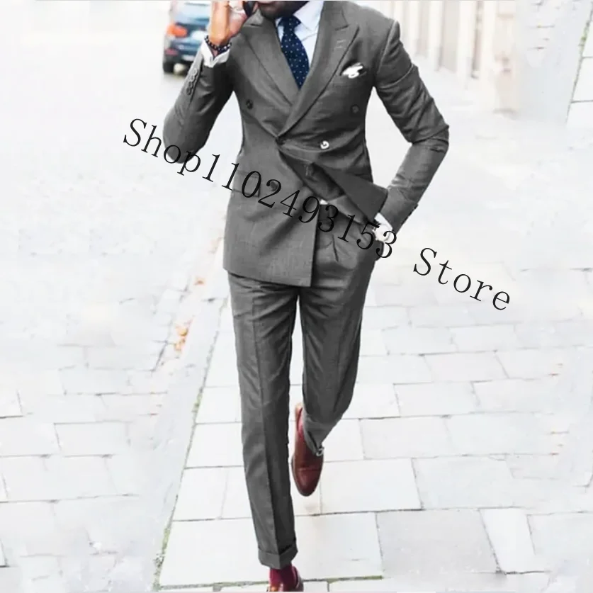 Men's Suit Double Breasted Peak Lapel 2 Piece Tuxedos Slim Fit Best Men Casual Groom Wedding Party Tuxedos Costume Homme Mariage