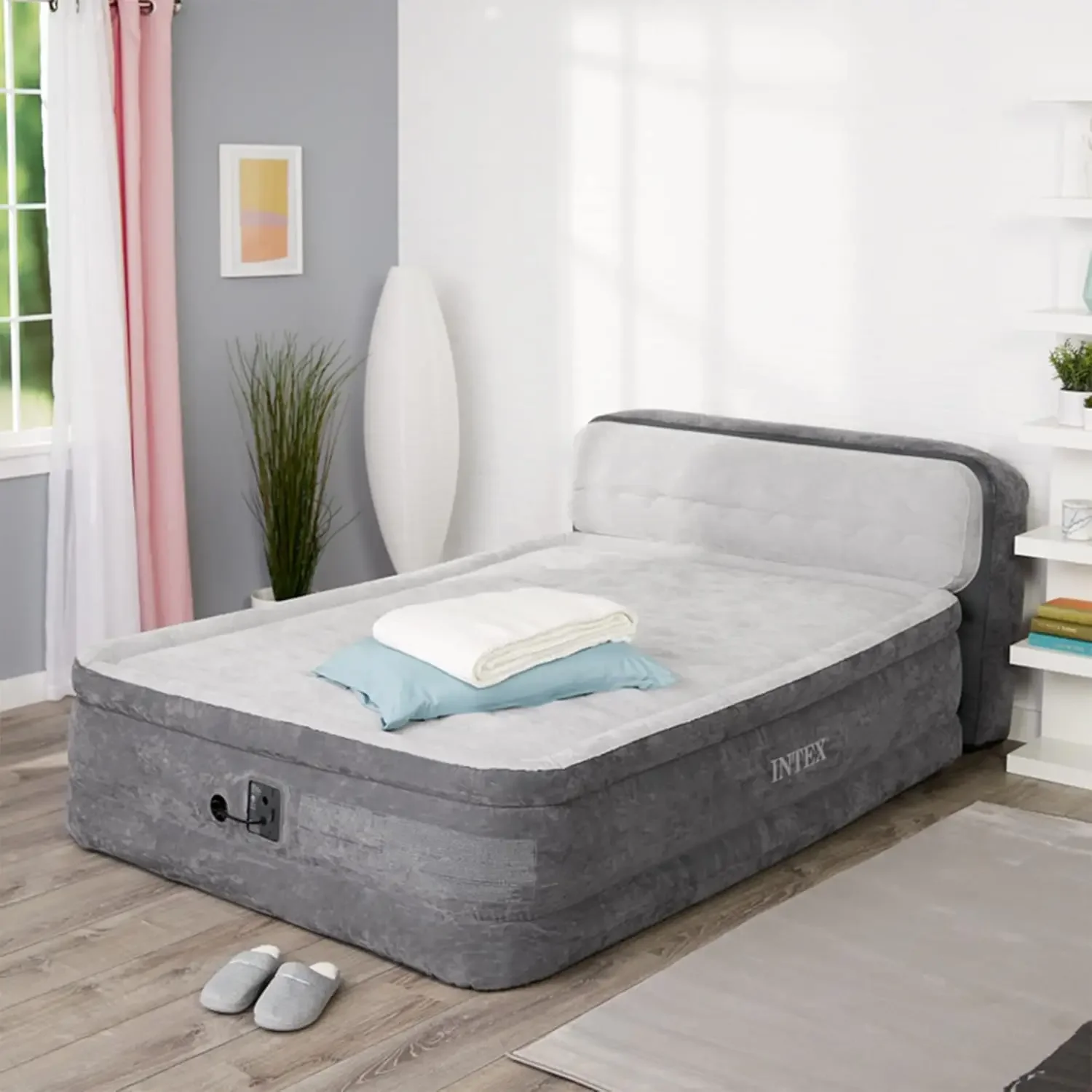Beam Ultra Plush Inflatable Pillow Top Bed Air Mattress with Headboard, Built-in Internal Electric Pump and Carry Storage Bag, Q 4