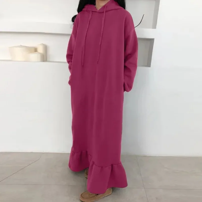 2023 Cashmere Hooded Sweater Muslim Abayat Dress Straight Pocket Loose Solid Women's Dress Islamic Dress Wholesale