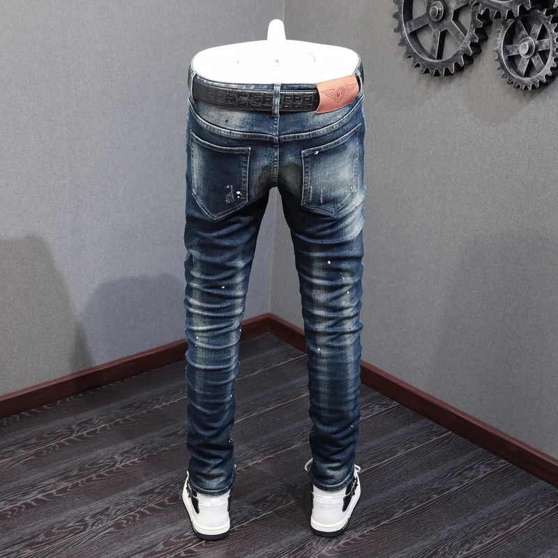 High Street Fashion Men Jeans Retro Black Blue Elastic Slim Hole Ripped Jeans Men Vintage Designer Hip Hop Denim Pants Hombre