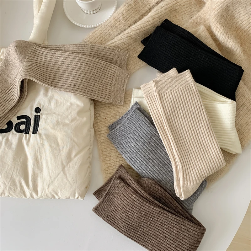 Retro Women Socks Japanese Style Autumn Solid Color Warm Home Simple Crew Socks Girls Breathable Casual Striped Loose