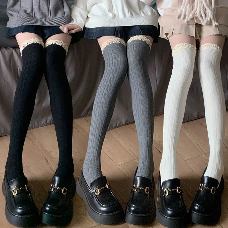 

Lolita Lace Stockings Women Knitted Pattern Girls Cute Elegant Solid Color Vintage JK Lace Socks Winter Warmer Floor Sox Hosiery