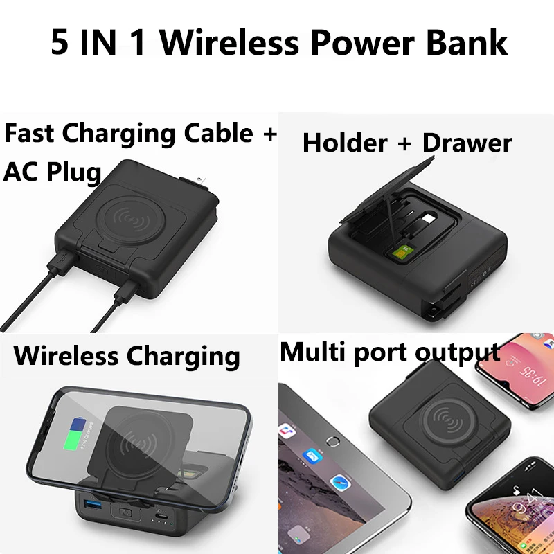 5 in 1 Wireless Charger Power Bank 10000mAh with Type C Cable AC Plug 22.5W Fast Charger for iPhone 14 Samsung Xiaomi Powerbank