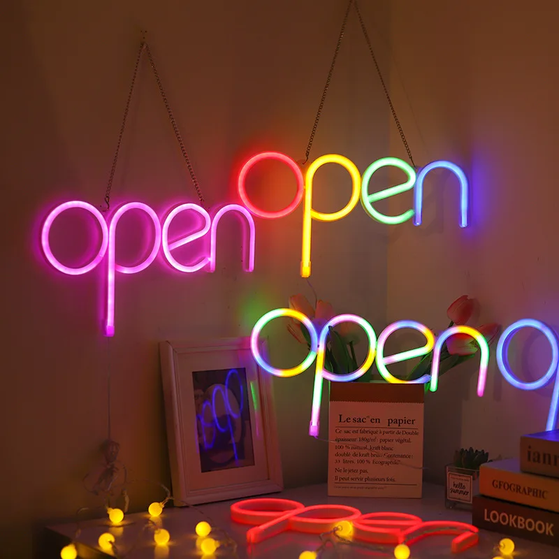 OPEN LED Neon Lights USB Atmosphere Light Wall Sign Hanging Window Shop Cafe Bar Restaurant Decoration Night Lamp