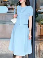 ZANZEA Casual Buttons 2PCS Suit Women Solid Skirt Sets Elegant Short Sleeve Tops Pleated Short Skirt Summer Office Dress Outfits - Image 3