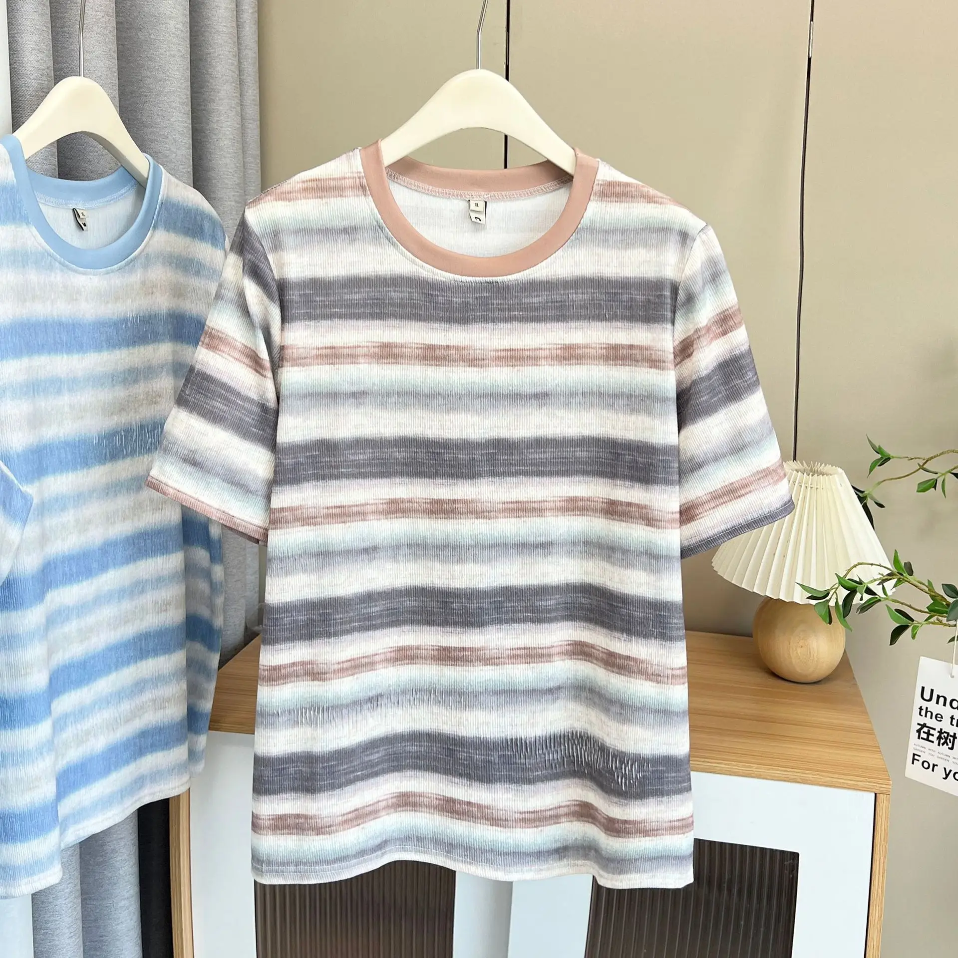 100kg Summer Top New Style Casual Tie Dye Colour Strip Short Sleeve Tees Plus Size Women's T-shirt 8295