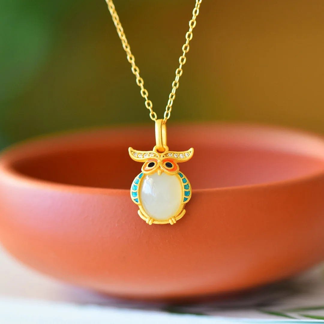 

Fashion Lovely 925 Silver Inlaid Hotan Jade Vintage Enamel Owl Zircon Pendant Necklace for Women Party Date Girlfriend Gift