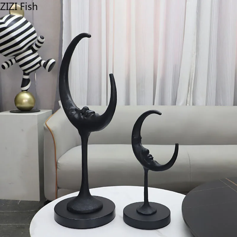 

Abstract Moon Face Figures Statue Black Human Face Characters Sculpture Desk Decoration Metal Crafts Room Aesthetic Decor