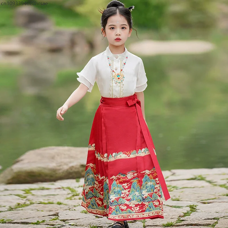 Set per bambini Manica corta lunga Set da 2 pezzi Vestito da ragazzo Tang Costume Abbigliamento Hanfu Top Gonna con faccia di cavallo Vestito da ragazza - immagine 2