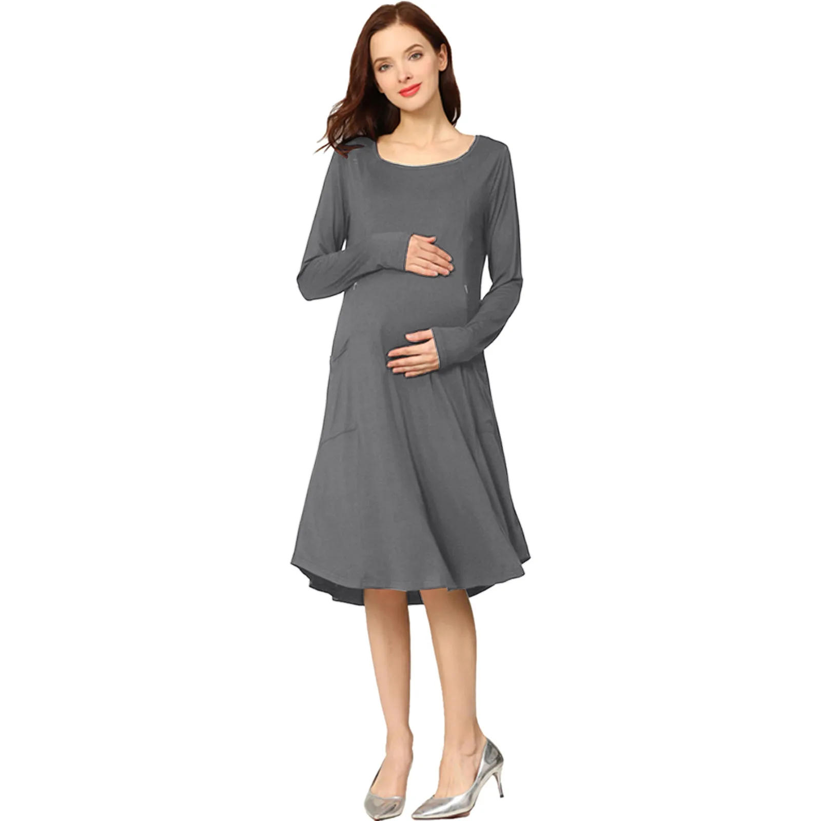 2024 Womens Maternity Pregnant Casual Long Sleeves Soild Pockets Nursed Tanks Dress For Breastfeeding